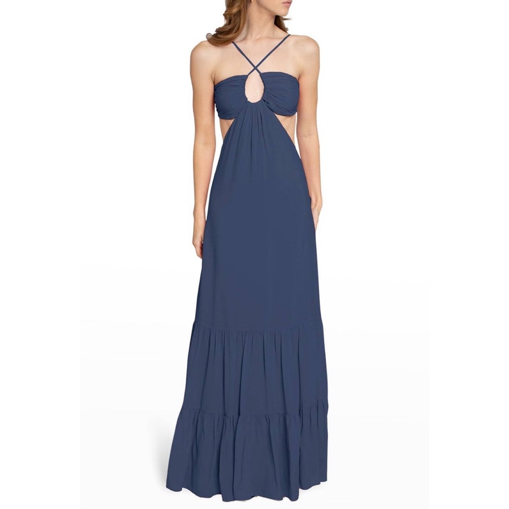 NWT NICOLE MILLER Cutout Maxi Halter Dress In Denim Blue MEDIUM